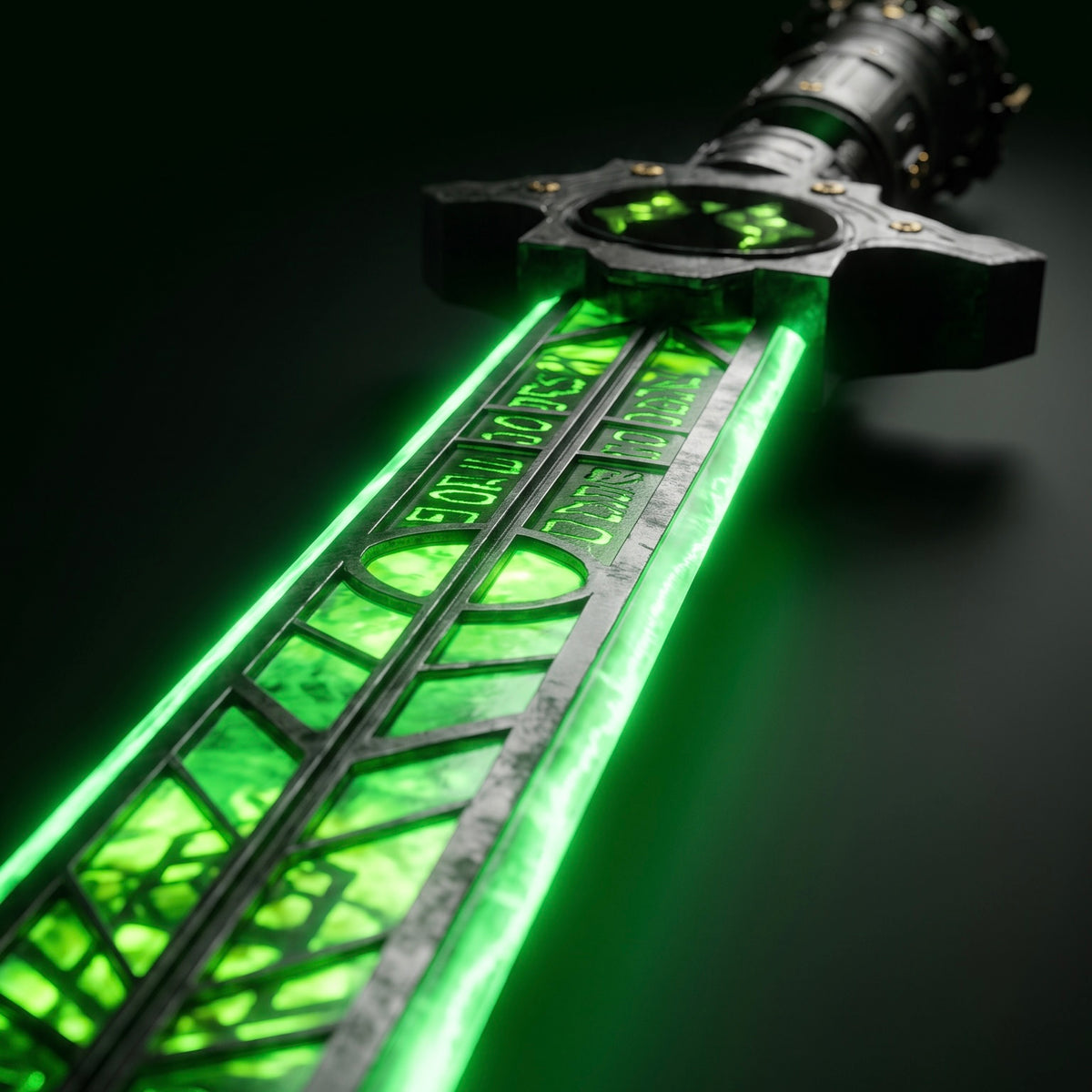 Close-up of The Latverian green-lit blade detailing