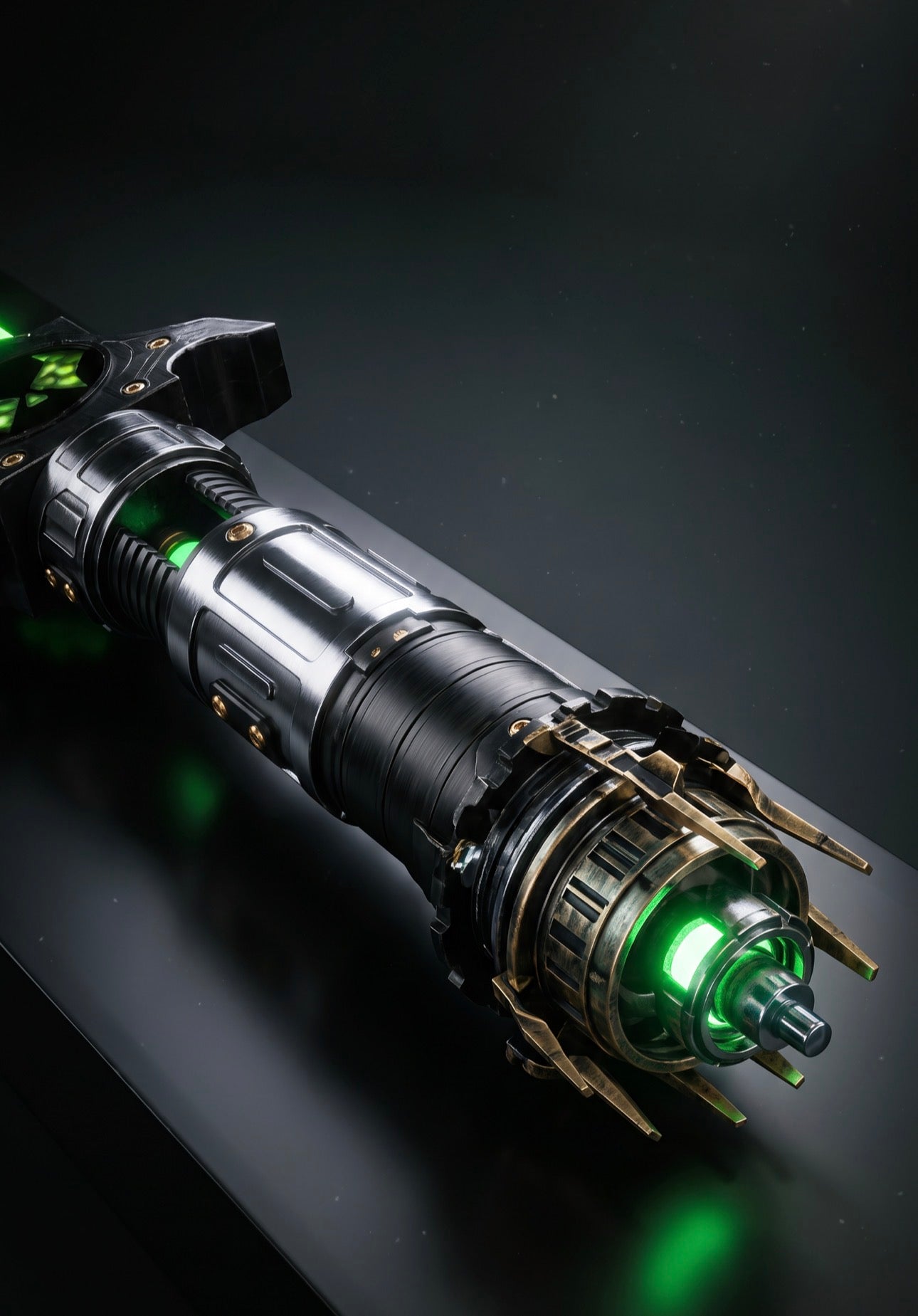 Dark Latverian hilt with gold-toned details and green illuminated pommel