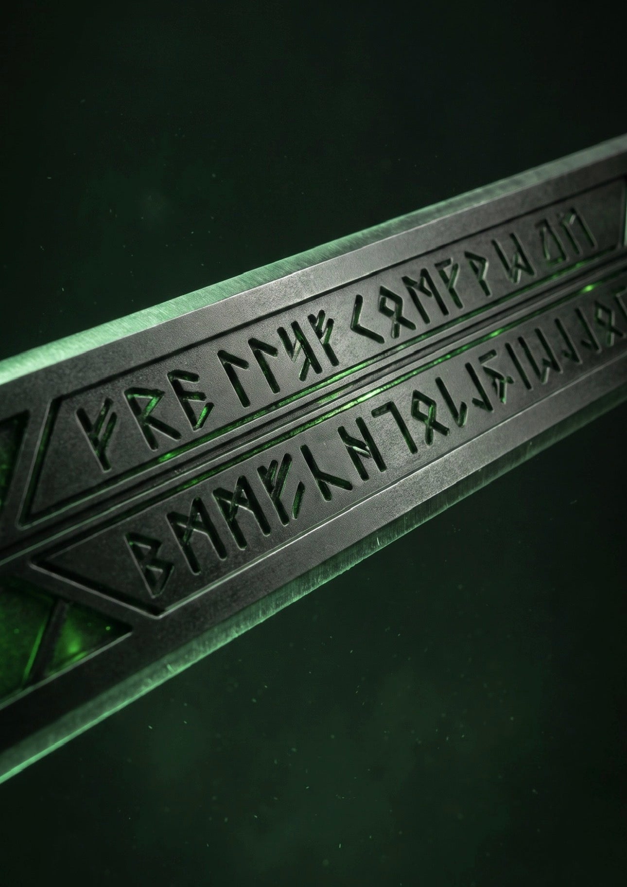 Close-up of The Latverian illuminated blade inscriptions